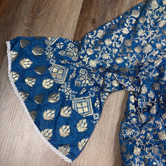 Pep's Cannes Versailles Mini Dress Jacquard Blue Teal Gold Belt Pleated Ruffled - Picture 10 of 16